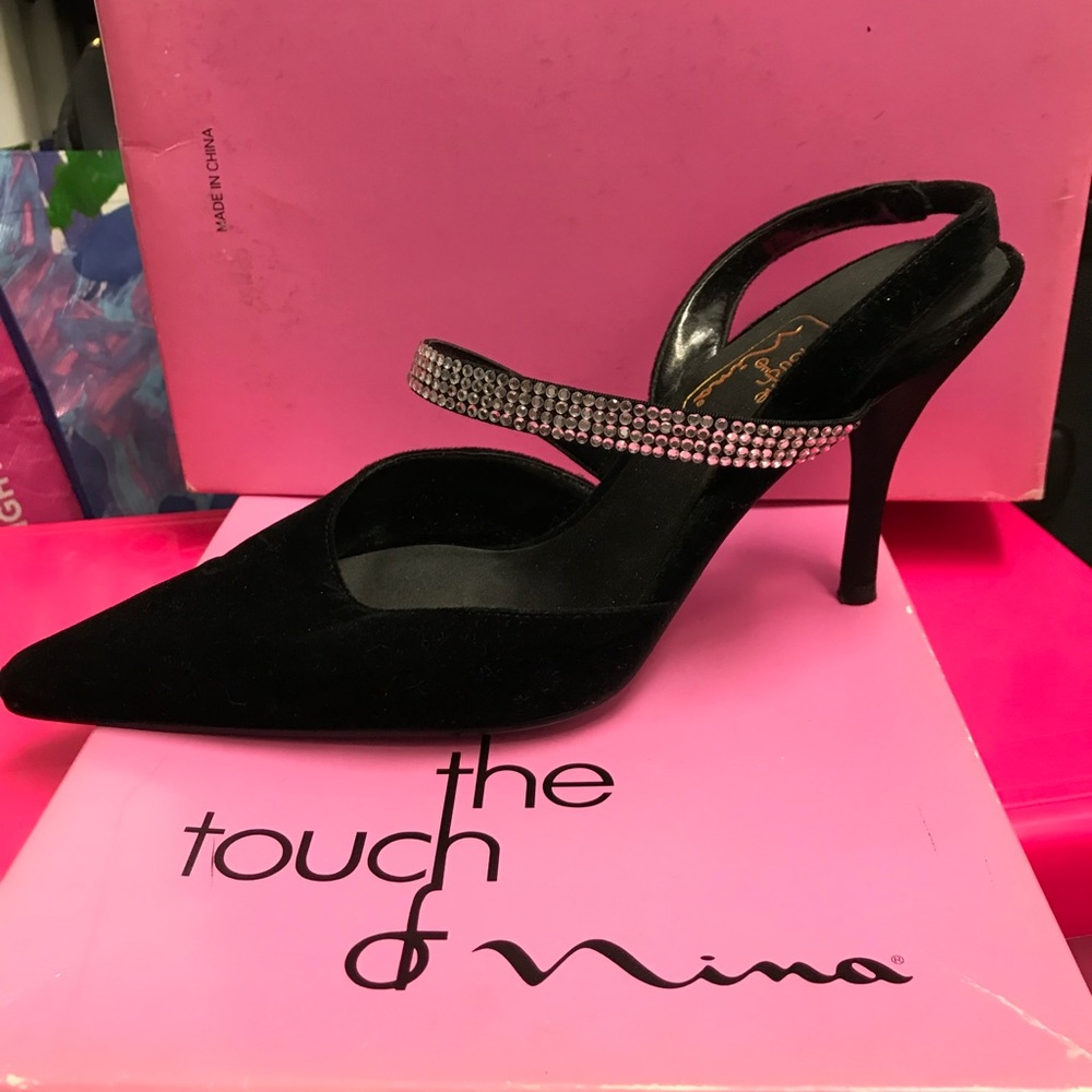 Velvet occasion shoes with rhinestone strap.
